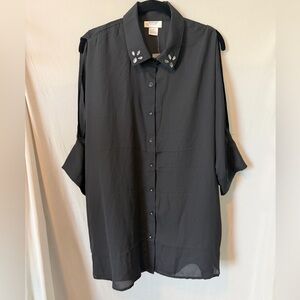 Avenue Black Cold Shoulder Button-Down Shirt with Embellished Collar